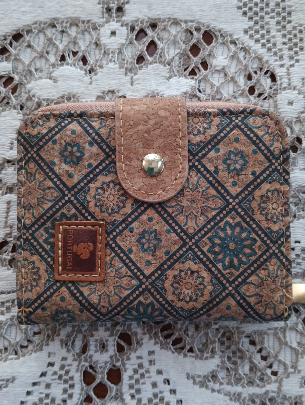 Portuguese Cork Floral Pattern Wallet in Tan and Teal